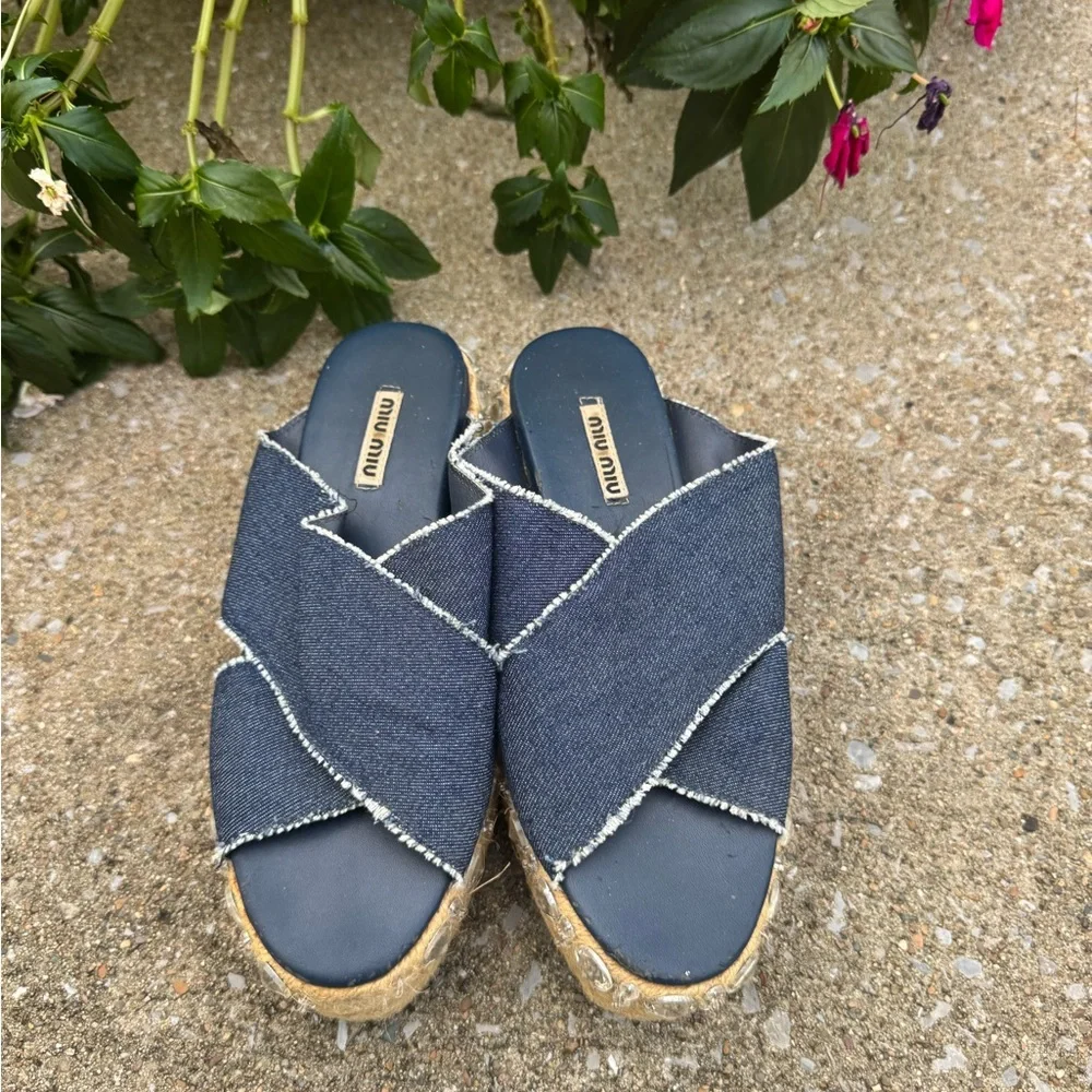 Miu Miu Criss Cross Jeweled Blue Y2K Denim Platform Sandals